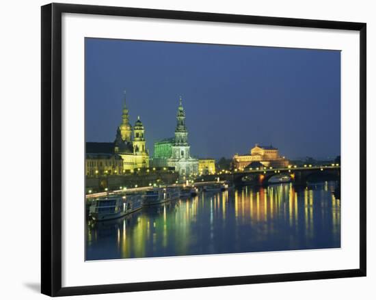 River Elbe and City Skyline at Night at Dresden, Saxony, Germany, Europe-Hans Peter Merten-Framed Photographic Print