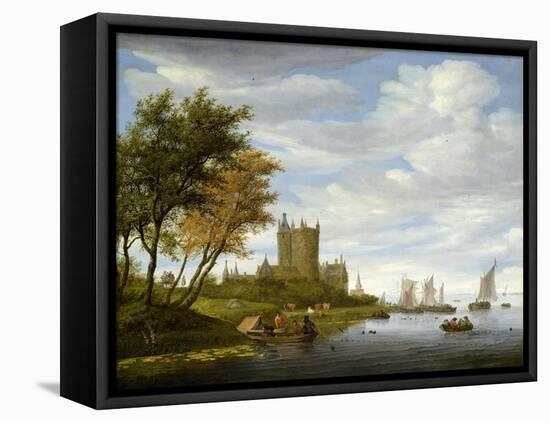 River Estuary with a Castle-Salomon van Ruisdael or Ruysdael-Framed Stretched Canvas