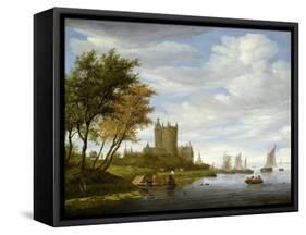 River Estuary with a Castle-Salomon van Ruisdael or Ruysdael-Framed Stretched Canvas