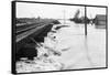 River Flood Waters Wash around Rr Trestl-null-Framed Stretched Canvas