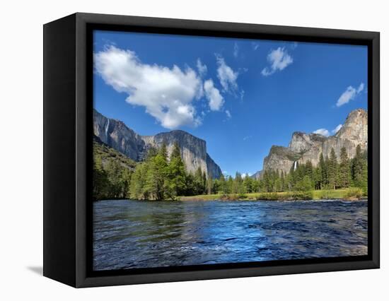 River Flowing Through a Forest, Merced River, Yosemite Valley, Yosemite National Park, Californi...-null-Framed Stretched Canvas