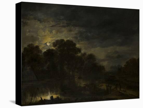 River landscape by Moonlight by Aert van der Neer-Aert van der Neer-Stretched Canvas