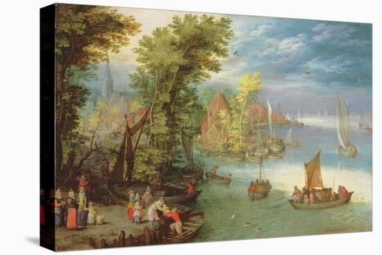 River Landscape with a Village and a Landing, 1612-Jan Brueghel the Elder-Stretched Canvas