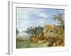 River Landscape with Boats by a Village and Figures on the Riverbank-Joseph van Bredael-Framed Giclee Print