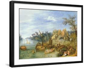 River Landscape with Boats by a Village and Figures on the Riverbank-Joseph van Bredael-Framed Giclee Print