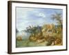 River Landscape with Boats by a Village and Figures on the Riverbank-Joseph van Bredael-Framed Giclee Print