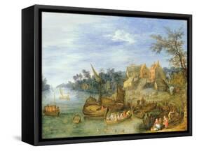 River Landscape with Boats by a Village and Figures on the Riverbank-Joseph van Bredael-Framed Stretched Canvas