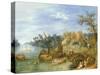 River Landscape with Boats by a Village and Figures on the Riverbank-Joseph van Bredael-Stretched Canvas