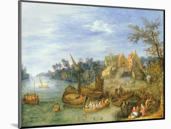 River Landscape with Boats by a Village and Figures on the Riverbank-Joseph van Bredael-Mounted Giclee Print