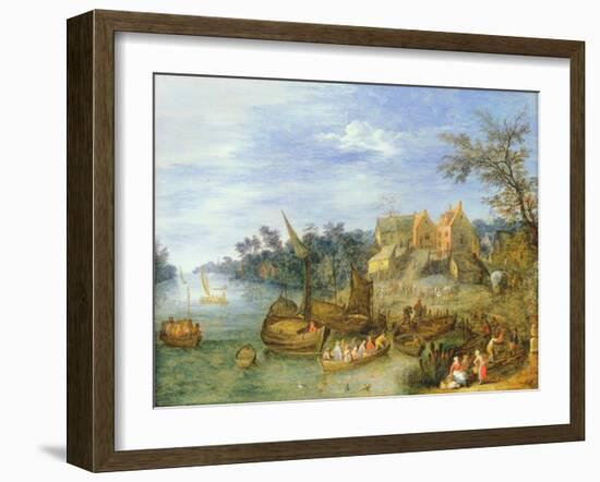 River Landscape with Boats by a Village and Figures on the Riverbank-Joseph van Bredael-Framed Giclee Print