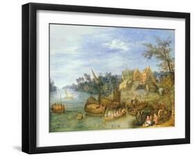 River Landscape with Boats by a Village and Figures on the Riverbank-Joseph van Bredael-Framed Giclee Print