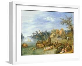 River Landscape with Boats by a Village and Figures on the Riverbank-Joseph van Bredael-Framed Giclee Print