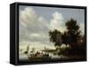 River Landscape with Ferry-Salomon van Ruysdael-Framed Stretched Canvas