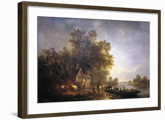 River Landscape with Rustics and Horses, C1860-Edward Charles Williams-Framed Giclee Print