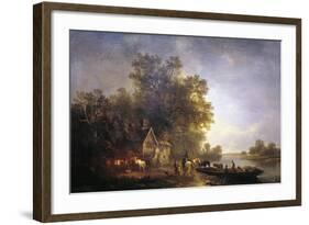 River Landscape with Rustics and Horses, C1860-Edward Charles Williams-Framed Giclee Print