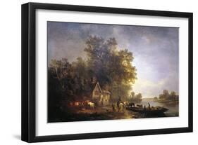 River Landscape with Rustics and Horses, C1860-Edward Charles Williams-Framed Premium Giclee Print