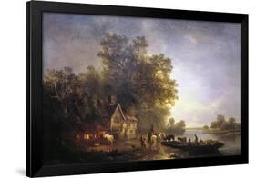 River Landscape with Rustics and Horses, C1860-Edward Charles Williams-Framed Giclee Print