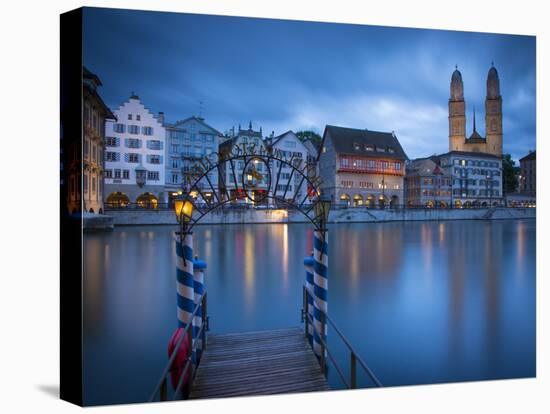 River Limmat and Grossmunster Church, Zurich, Switzerland-Jon Arnold-Stretched Canvas