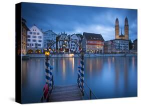 River Limmat and Grossmunster Church, Zurich, Switzerland-Jon Arnold-Stretched Canvas