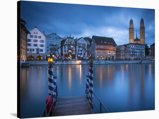 River Limmat and Grossmunster Church, Zurich, Switzerland-Jon Arnold-Stretched Canvas