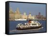 River Mersey Ferry and the Three Graces, Liverpool, Merseyside, England, United Kingdom, Europe-Charles Bowman-Framed Stretched Canvas