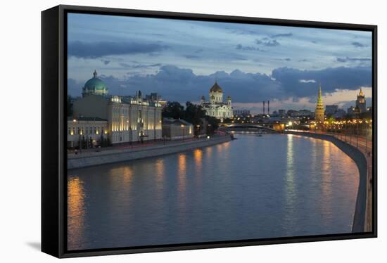 River Moskva and the Cathedral of Christ the Redeemer and the Kremlin at Night, Moscow, Russia-Martin Child-Framed Stretched Canvas