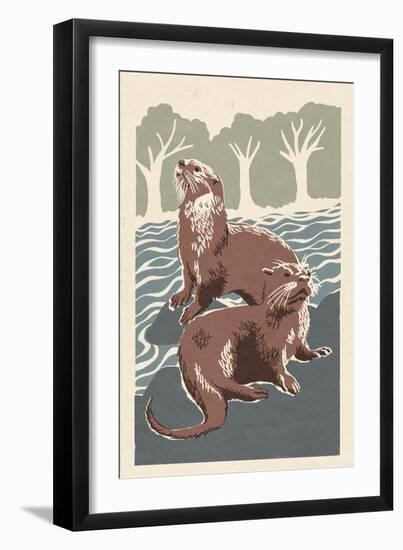 River Otters - Woodblock Print-Lantern Press-Framed Art Print