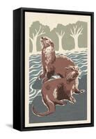 River Otters - Woodblock Print-Lantern Press-Framed Stretched Canvas