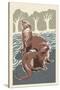 River Otters - Woodblock Print-Lantern Press-Stretched Canvas