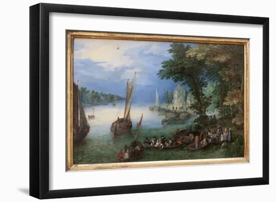 River Scene or the Barkage, Oil Painting on Copper by Jan Brueghel, Dit Brueghel De Velours (1568-1-Jan the Elder Brueghel-Framed Giclee Print