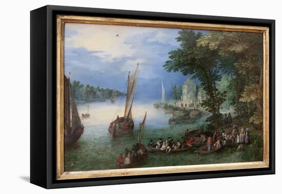 River Scene or the Barkage, Oil Painting on Copper by Jan Brueghel, Dit Brueghel De Velours (1568-1-Jan the Elder Brueghel-Framed Stretched Canvas