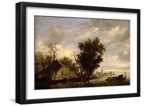 River Scene with a Ferry Boat-Salomon van Ruisdael or Ruysdael-Framed Giclee Print