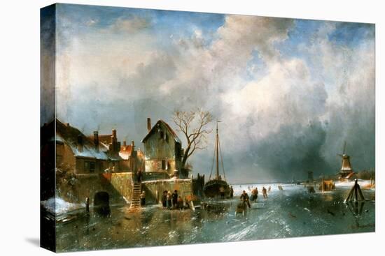 River scenery in winter with skaters-Charles Henri Joseph Leickert-Stretched Canvas