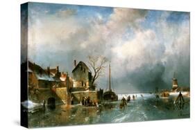 River scenery in winter with skaters-Charles Henri Joseph Leickert-Stretched Canvas