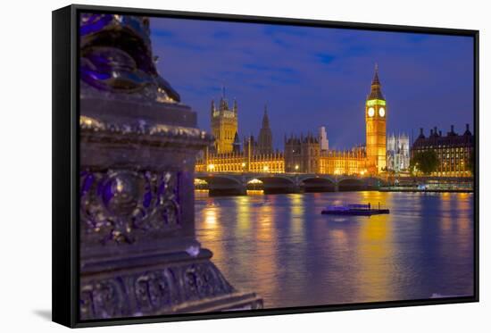 River Thames and Houses of Parliament at Dusk, London, England, United Kingdom, Europe-Frank Fell-Framed Stretched Canvas