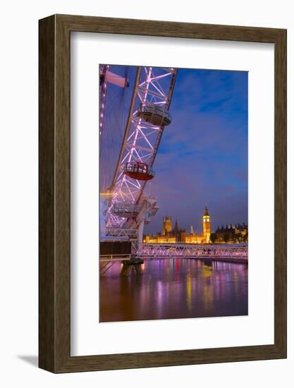 River Thames, Houses of Parliament and London Eye at Dusk, London, England, United Kingdom, Europe-Frank Fell-Framed Photographic Print