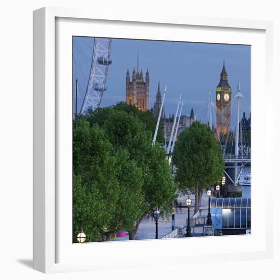 River Thames Shore, in the Evening, Westminster Palace, Big Ben, London Eye-Rainer Mirau-Framed Photographic Print