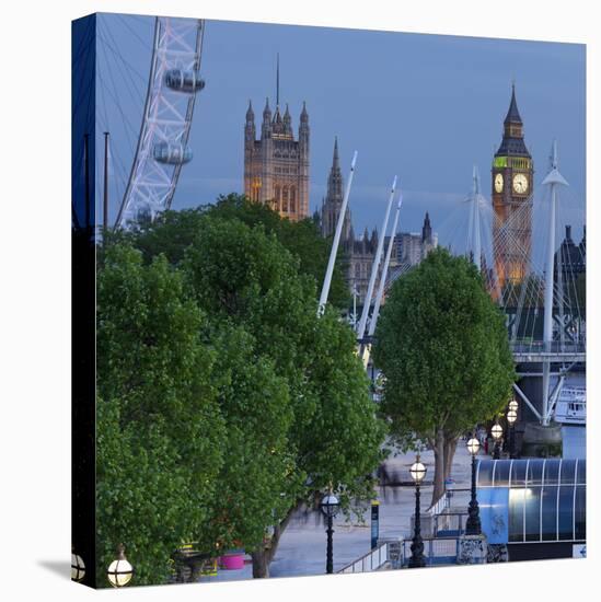 River Thames Shore, in the Evening, Westminster Palace, Big Ben, London Eye-Rainer Mirau-Stretched Canvas
