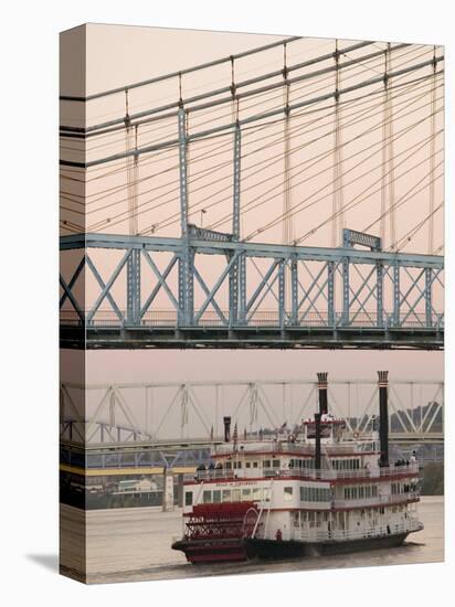Riverboat on Ohio River and, Roebling Suspension Bridge, Cincinnati, Ohio, USA-Walter Bibikow-Stretched Canvas