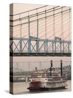 Riverboat on Ohio River and, Roebling Suspension Bridge, Cincinnati, Ohio, USA-Walter Bibikow-Stretched Canvas