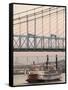 Riverboat on Ohio River and, Roebling Suspension Bridge, Cincinnati, Ohio, USA-Walter Bibikow-Framed Stretched Canvas