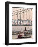 Riverboat on Ohio River and, Roebling Suspension Bridge, Cincinnati, Ohio, USA-Walter Bibikow-Framed Premium Photographic Print