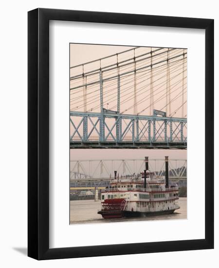 Riverboat on Ohio River and, Roebling Suspension Bridge, Cincinnati, Ohio, USA-Walter Bibikow-Framed Photographic Print