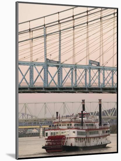 Riverboat on Ohio River and, Roebling Suspension Bridge, Cincinnati, Ohio, USA-Walter Bibikow-Mounted Photographic Print