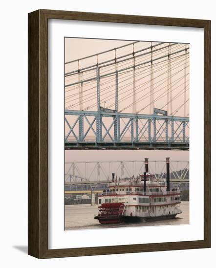 Riverboat on Ohio River and, Roebling Suspension Bridge, Cincinnati, Ohio, USA-Walter Bibikow-Framed Photographic Print