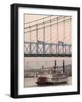 Riverboat on Ohio River and, Roebling Suspension Bridge, Cincinnati, Ohio, USA-Walter Bibikow-Framed Photographic Print