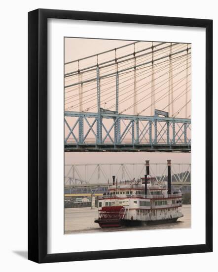 Riverboat on Ohio River and, Roebling Suspension Bridge, Cincinnati, Ohio, USA-Walter Bibikow-Framed Photographic Print