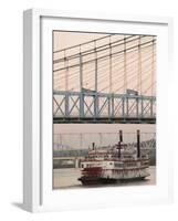 Riverboat on Ohio River and, Roebling Suspension Bridge, Cincinnati, Ohio, USA-Walter Bibikow-Framed Photographic Print