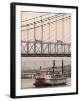 Riverboat on Ohio River and, Roebling Suspension Bridge, Cincinnati, Ohio, USA-Walter Bibikow-Framed Photographic Print