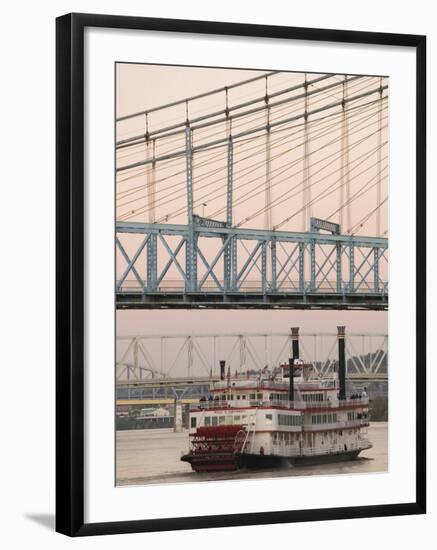 Riverboat on Ohio River and, Roebling Suspension Bridge, Cincinnati, Ohio, USA-Walter Bibikow-Framed Photographic Print